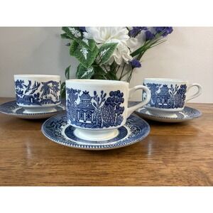 Vintage Churchill Blue Willow Coffee Cups Saucers England Blue White Farmhouse